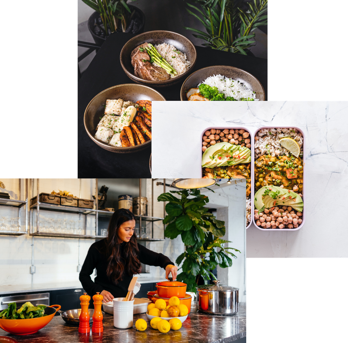 Woman enjoying food, meals in storage container, and food bowls on a table